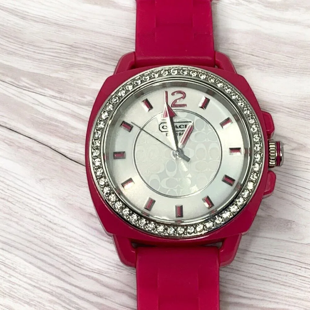 Coach Women's Boyfriend Watch Pink Silicone Strap With Crystal Bezel & Logo